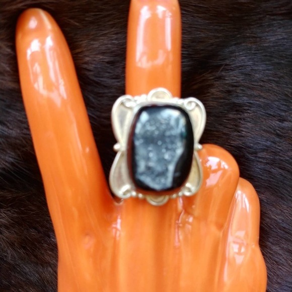 Sterling Silver black druzy ring Indian Chunky Big cocktail retro boho gypsy 8 - Picture 5 of 6